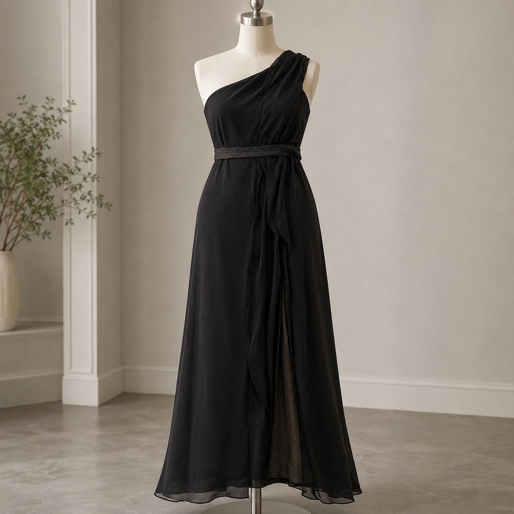 White by Vera Wang Black One Shoulder Chiffon Maxi Gown Dress Size 14 Ruffles